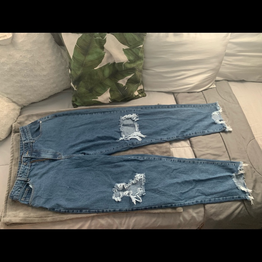 PLT Tall Mid Blue Extreme Ripped Hem BF Jeans
